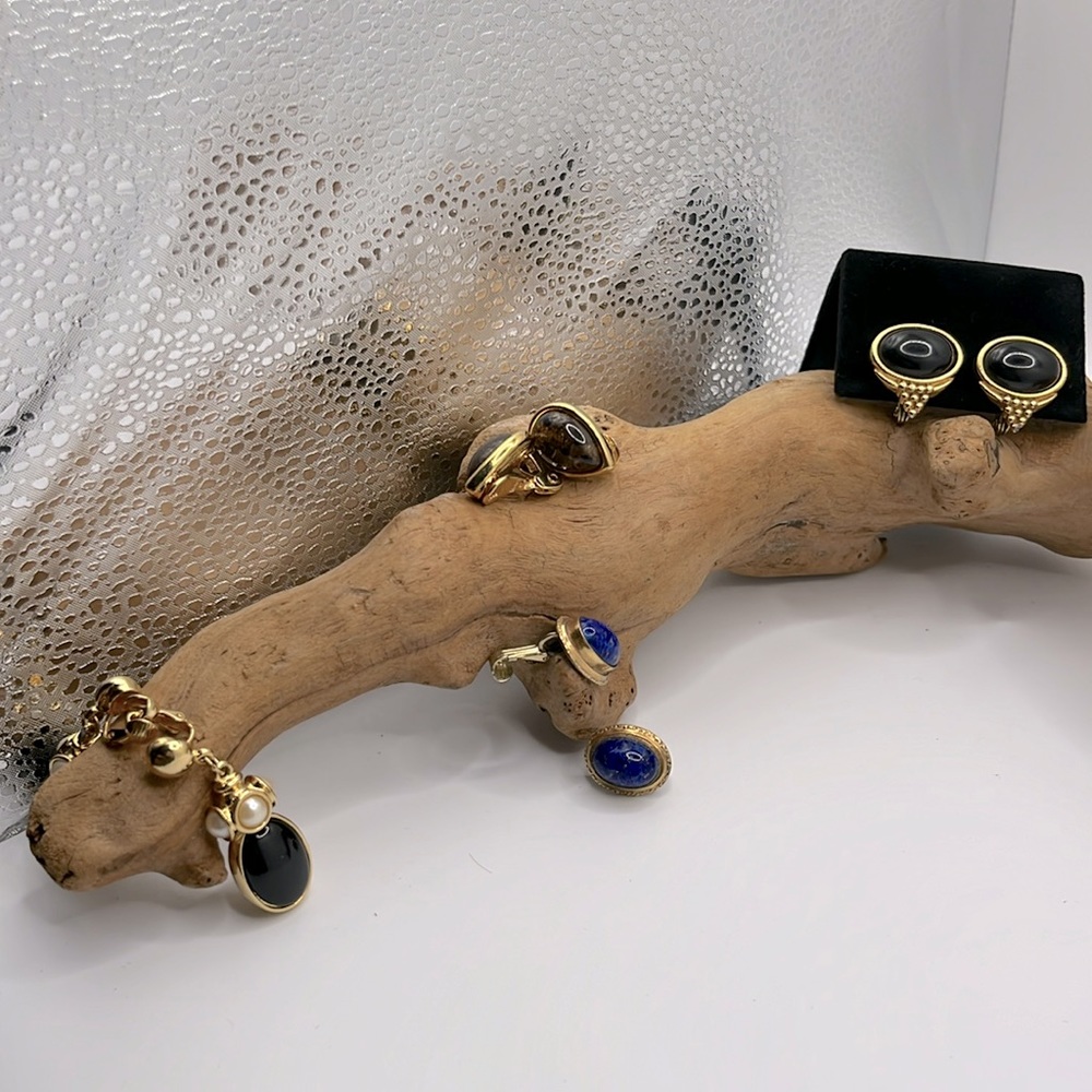 Antique Lapis Esque Hand tooled Goldtone Earrings with 3 Other Vintage Gems